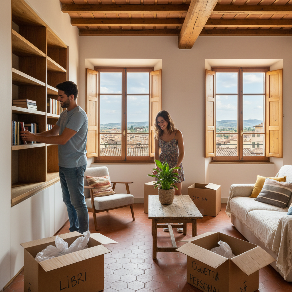 A photorealistic image of a young adult couple happily moving into a cozy residential apartment in Italy, unpacking boxes in a sunlit living room with Italian architectural elements like terracotta floors and wooden shutters, symbolizing the excitement of securing a residential rental lease.