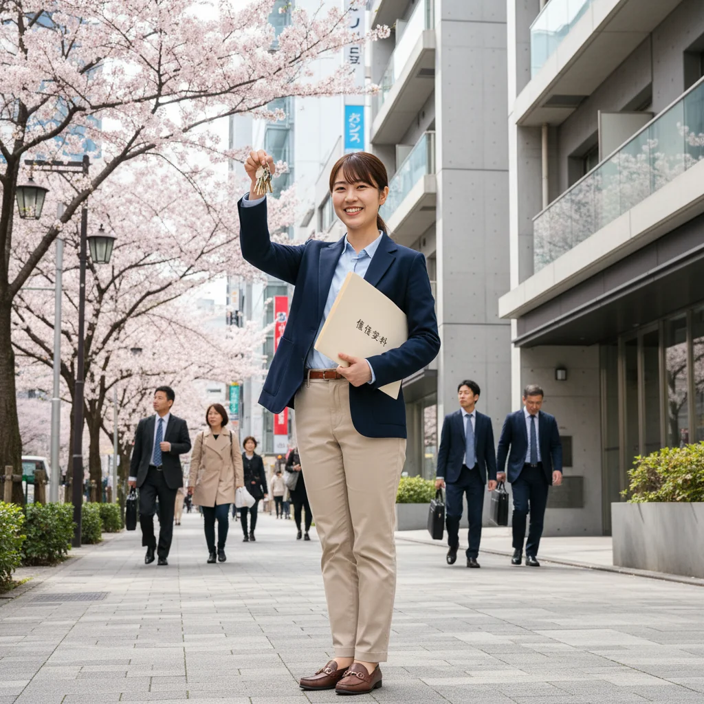 A photorealistic image of a young adult Japanese professional standing in front of a modern apartment building in an urban Tokyo neighborhood, holding a set of keys with a relieved and excited expression, symbolizing the successful rental application process for housing in Japan. The scene captures the essence of securing a new home through rental agreements, with cherry blossom trees in the background for a touch of Japanese culture. No children are present in the image.