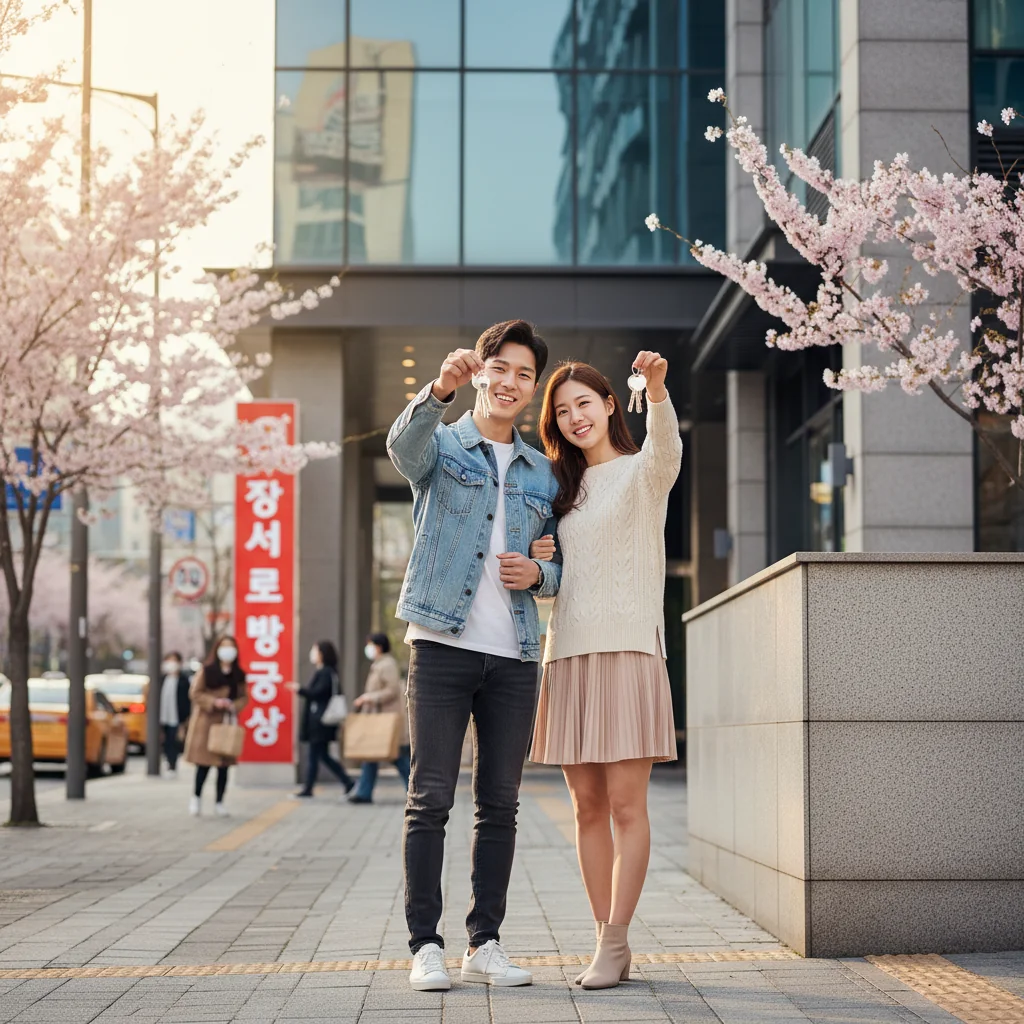 A photorealistic image of a young adult couple standing happily in front of their newly rented modern apartment building in an urban South Korean neighborhood, holding keys to their home, symbolizing the excitement of securing a housing lease agreement. The scene captures the essence of starting a new chapter in life through a rental contract, with no children present.