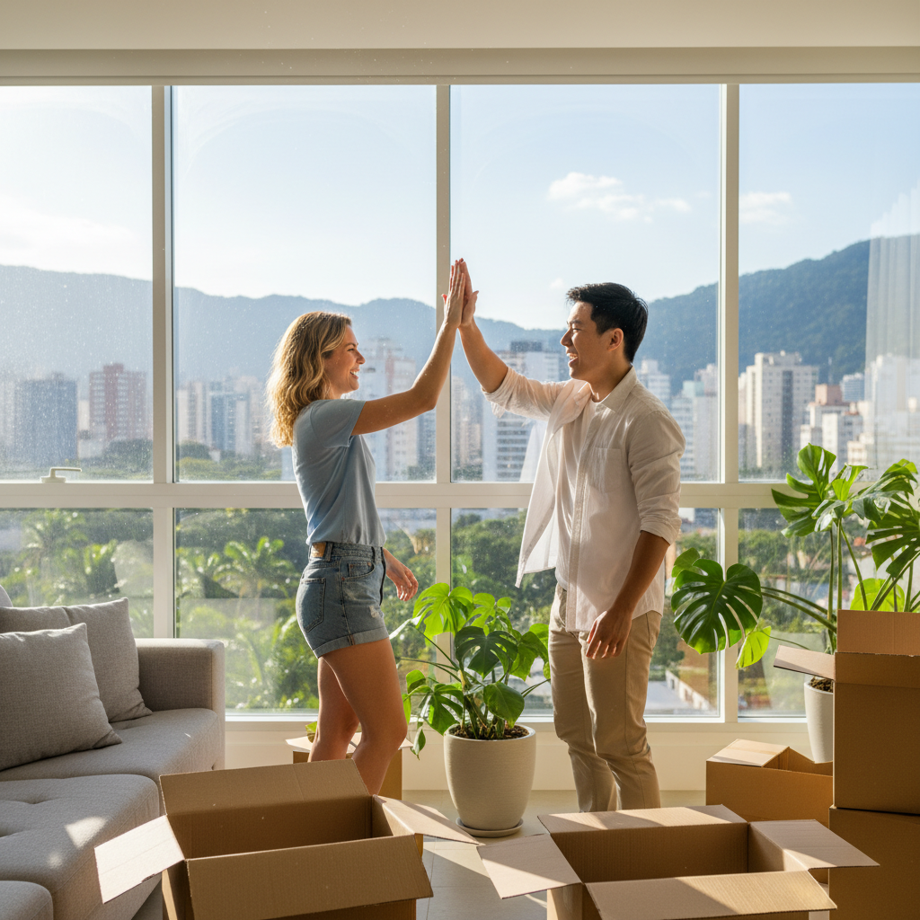 A photorealistic image of a happy young adult couple moving into a modern Brazilian apartment, unpacking boxes and smiling, with views of a vibrant cityscape outside the window, symbolizing the start of residential rental living.
