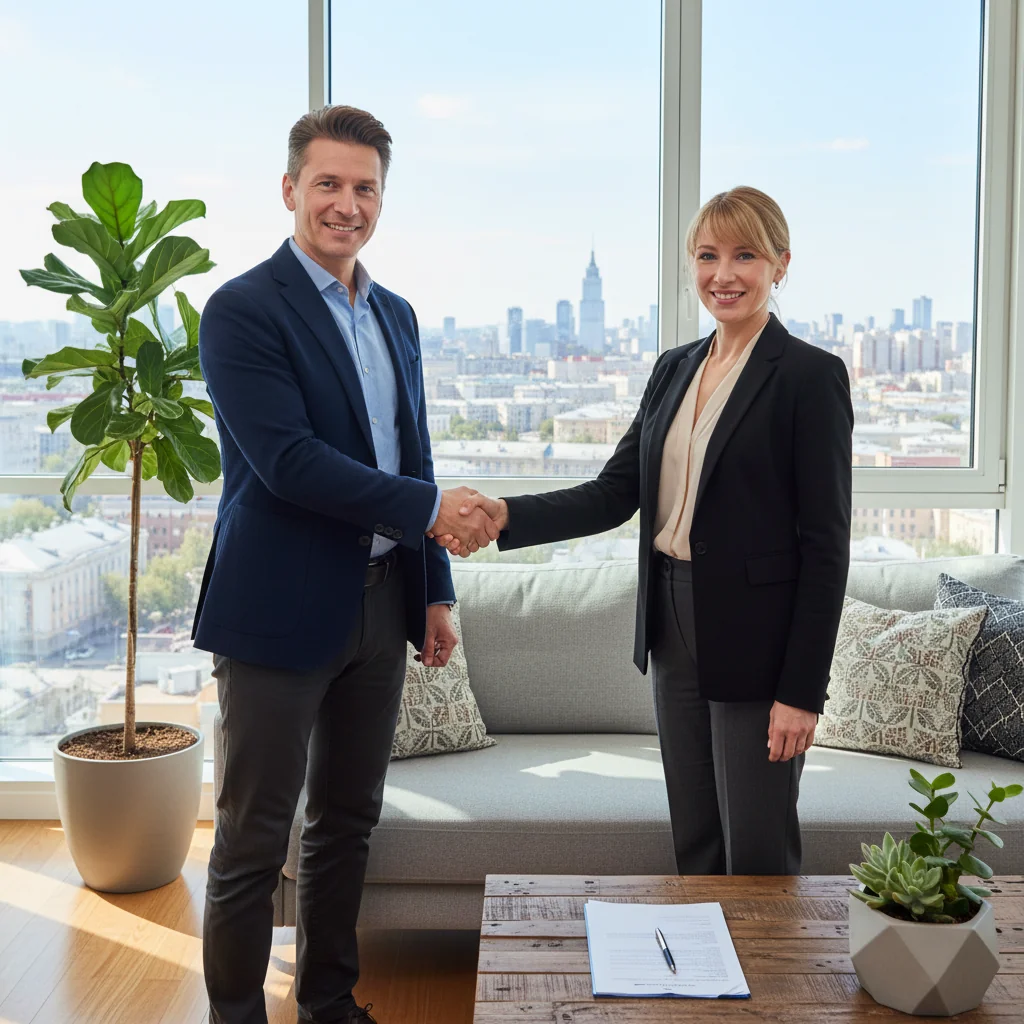 A photorealistic image of two adults shaking hands in a modern Russian apartment, symbolizing the agreement for renting a residential space. The setting includes cozy living room elements like a sofa and window with city view, conveying trust and new beginnings in housing rental.