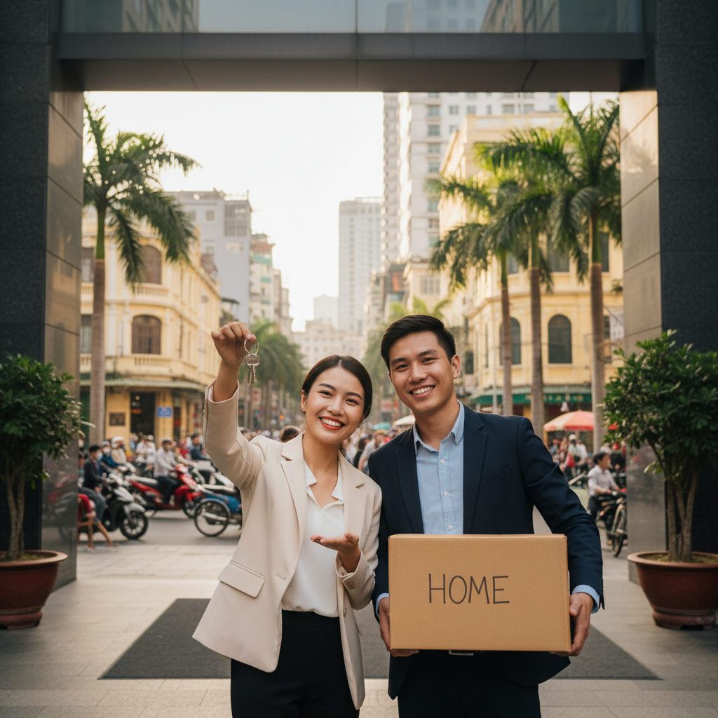 A photorealistic image of a young adult Vietnamese professional couple standing in front of a modern apartment building in an urban Vietnamese city, holding a set of keys, looking excited and relieved as they prepare to move into their new rental home. The scene captures the essence of securing housing through legal means, with no legal documents visible. No children are present in the image.