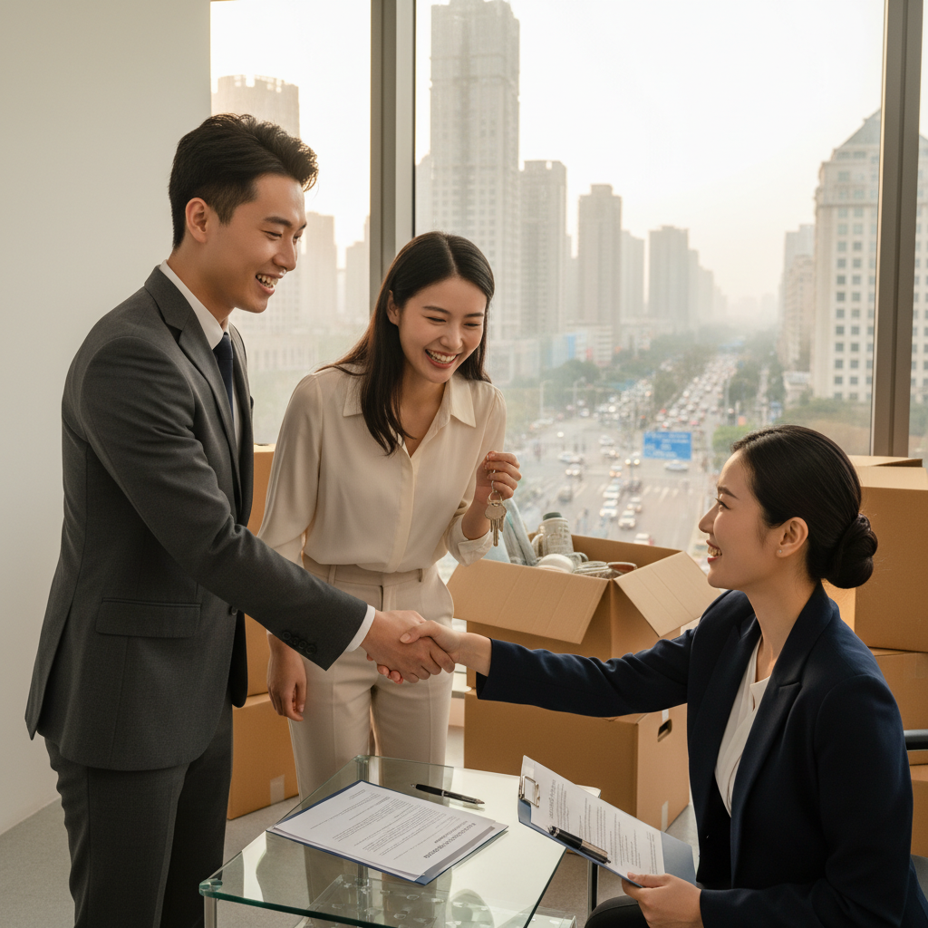 A photorealistic image of a young adult Chinese professional couple happily signing a residential lease agreement in a modern apartment in China, symbolizing the process of renting a home. The focus is on the excitement of starting a new living arrangement, with subtle background elements like moving boxes and city skyline view from the window. No children are present in the image.