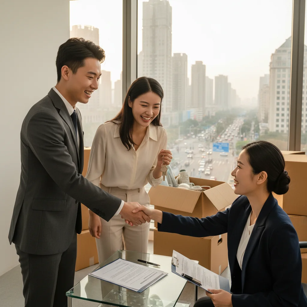 A photorealistic image of a young adult Chinese professional couple happily signing a residential lease agreement in a modern apartment in China, symbolizing the process of renting a home. The focus is on the excitement of starting a new living arrangement, with subtle background elements like moving boxes and city skyline view from the window. No children are present in the image.
