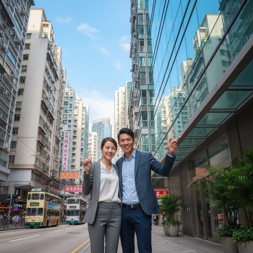 A photorealistic image of a young adult professional couple standing in front of a modern apartment building in Hong Kong, smiling and holding keys, symbolizing the excitement of renting a new home. The scene includes urban skyline elements in the background, no children present.