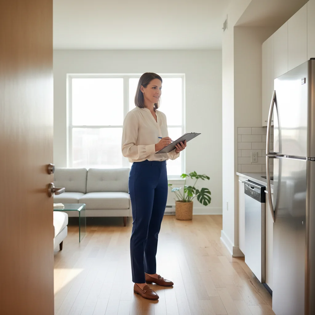 A photorealistic image of a professional adult woman in her 30s, dressed in business casual attire, standing in a modern apartment living room with a clipboard in hand, carefully inspecting the space by checking windows and fixtures, conveying a sense of thoroughness and ease in rental housing maintenance, no children present, natural daylight lighting.