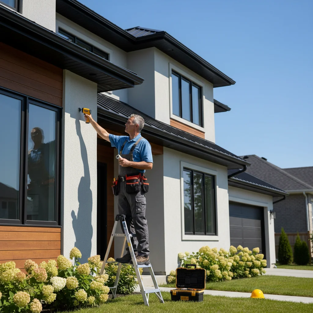 A photorealistic image of a professional adult real estate inspector carefully examining the exterior of a modern suburban home on a sunny day, symbolizing the assessment and understanding of property conditions without focusing on any documents.