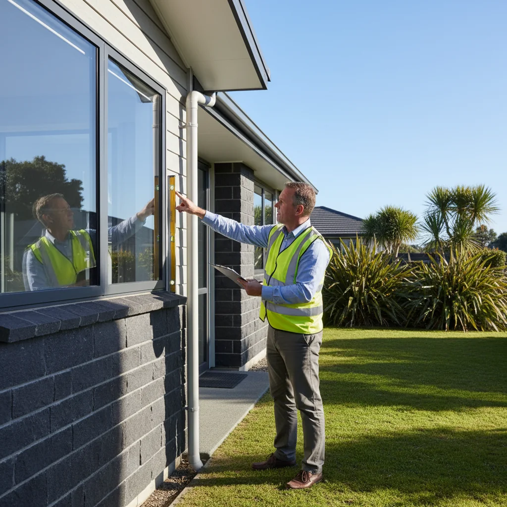 A photorealistic image of a professional home inspector examining the exterior of a modern New Zealand house on a sunny day, highlighting the property's condition without focusing on any documents.
