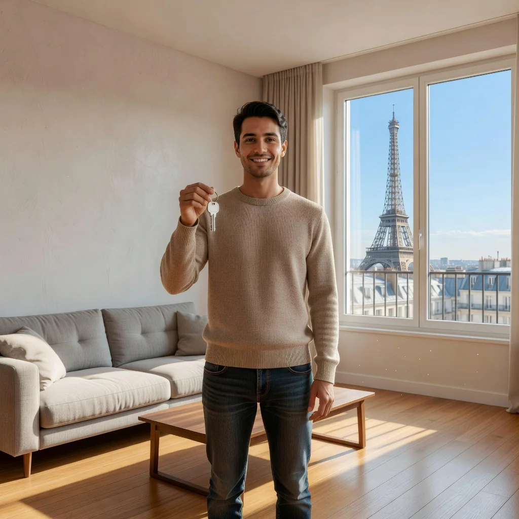 A photorealistic image of a young adult tenant standing confidently in a modern French apartment, holding a set of keys, with a subtle view of the Eiffel Tower in the background through a window, symbolizing empowerment and knowledge for renters in France. No children are present in the image.