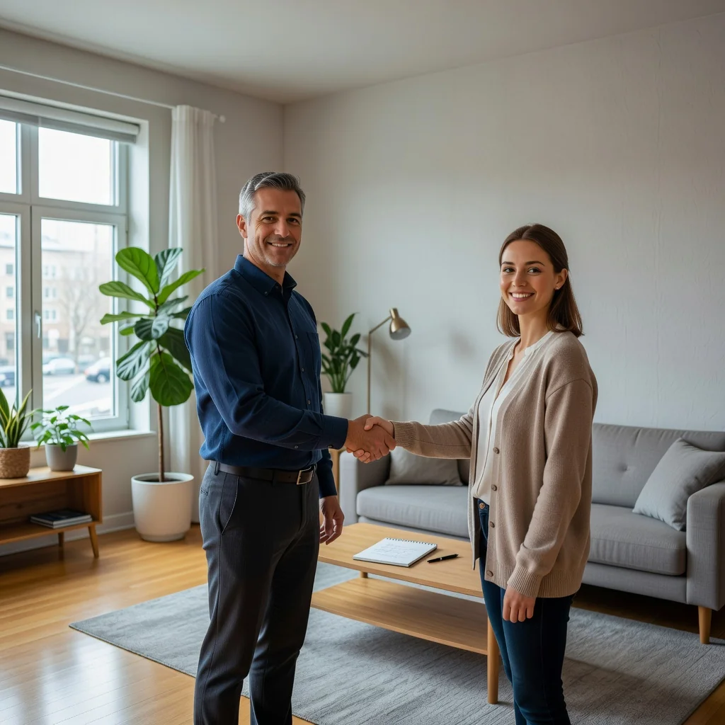 A photorealistic image of a professional landlord and tenant shaking hands in a well-maintained rented apartment, symbolizing mutual rights and obligations in a housing inspection. The setting includes modern living room furniture, natural light from a window, and subtle inspection tools like a checklist on a table in the background, emphasizing trust and agreement without focusing on legal documents.