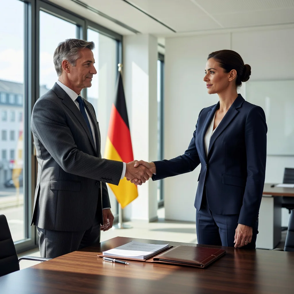 A professional business meeting in a modern German office where two adults are shaking hands over a table, symbolizing the formal handover or transfer of responsibilities in a legal context, with elements like a briefcase and office setting in the background, evoking trust and compliance without showing any documents.