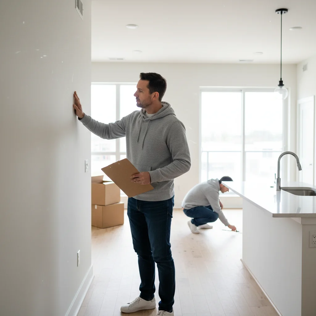 A photorealistic image of an adult tenant carefully inspecting a modern apartment interior for any damage, such as checking walls, floors, and furniture, with moving boxes nearby, symbolizing the move-in or move-out inspection process for a rental property. No children are present in the image.