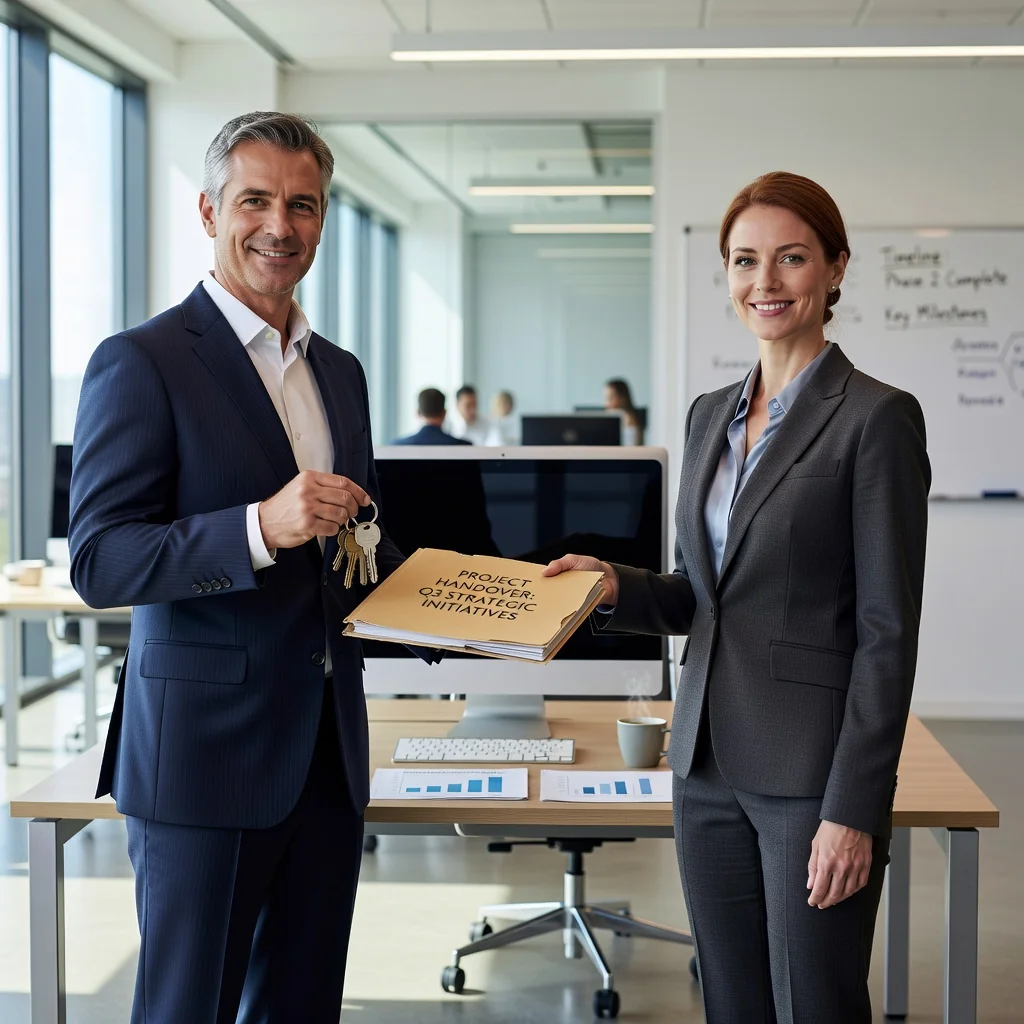 A photorealistic image depicting a professional handover moment in a business setting, showing two adults in business attire: one person handing over a set of keys and a folder to another, symbolizing the transfer of responsibilities in a workplace or project transition, with a modern office background, conveying trust and continuity. No children are present in the image.