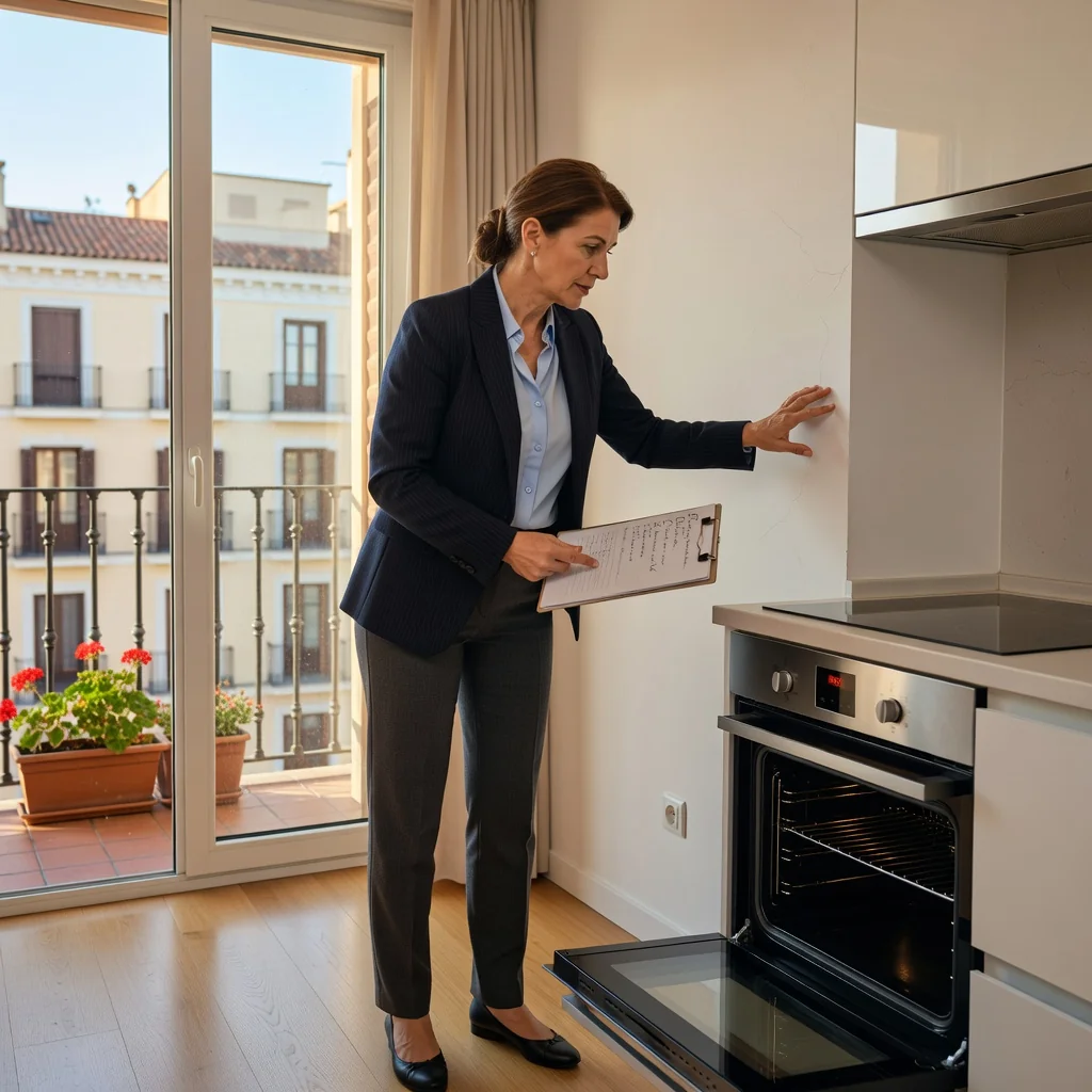 A photorealistic image of a professional adult woman conducting a detailed inspection of a modern Spanish apartment rental, checking walls, floors, and appliances with a clipboard in hand, symbolizing the purpose of a rental housing inspection guide, no children present.