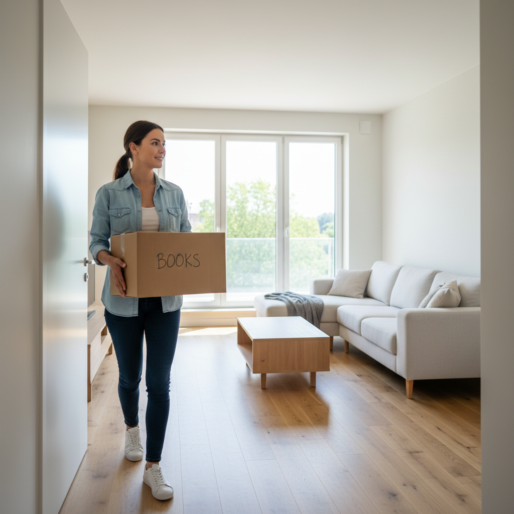 A photorealistic image of an adult tenant moving into a modern rental apartment, symbolizing the importance of confirming property conditions at entry, with focus on a welcoming living space and the excitement of new beginnings in housing.