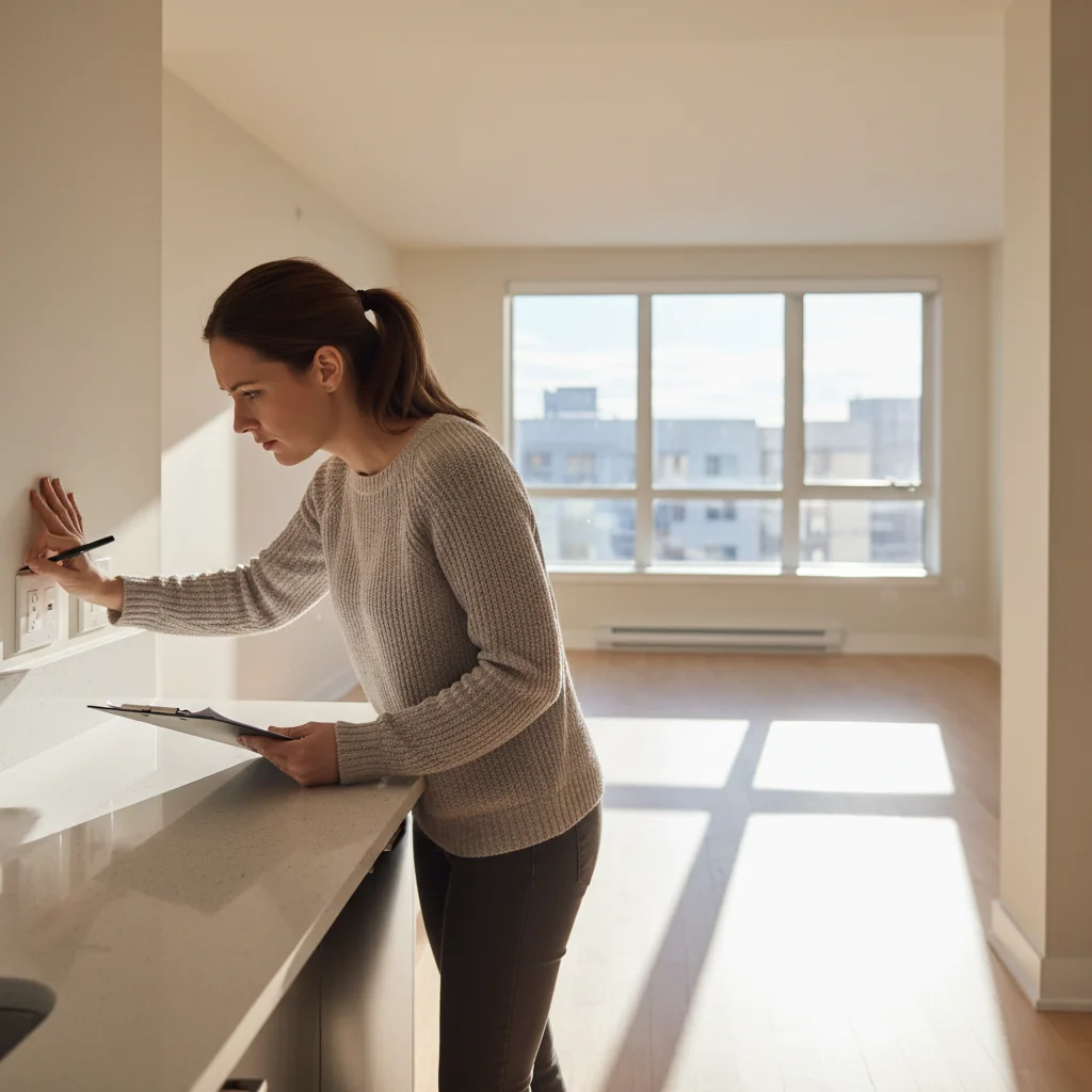 A photorealistic image of a young adult tenant carefully inspecting a modern apartment interior during a house viewing, checking walls, floors, and fixtures with a clipboard in hand, symbolizing preparation to avoid rental disputes.