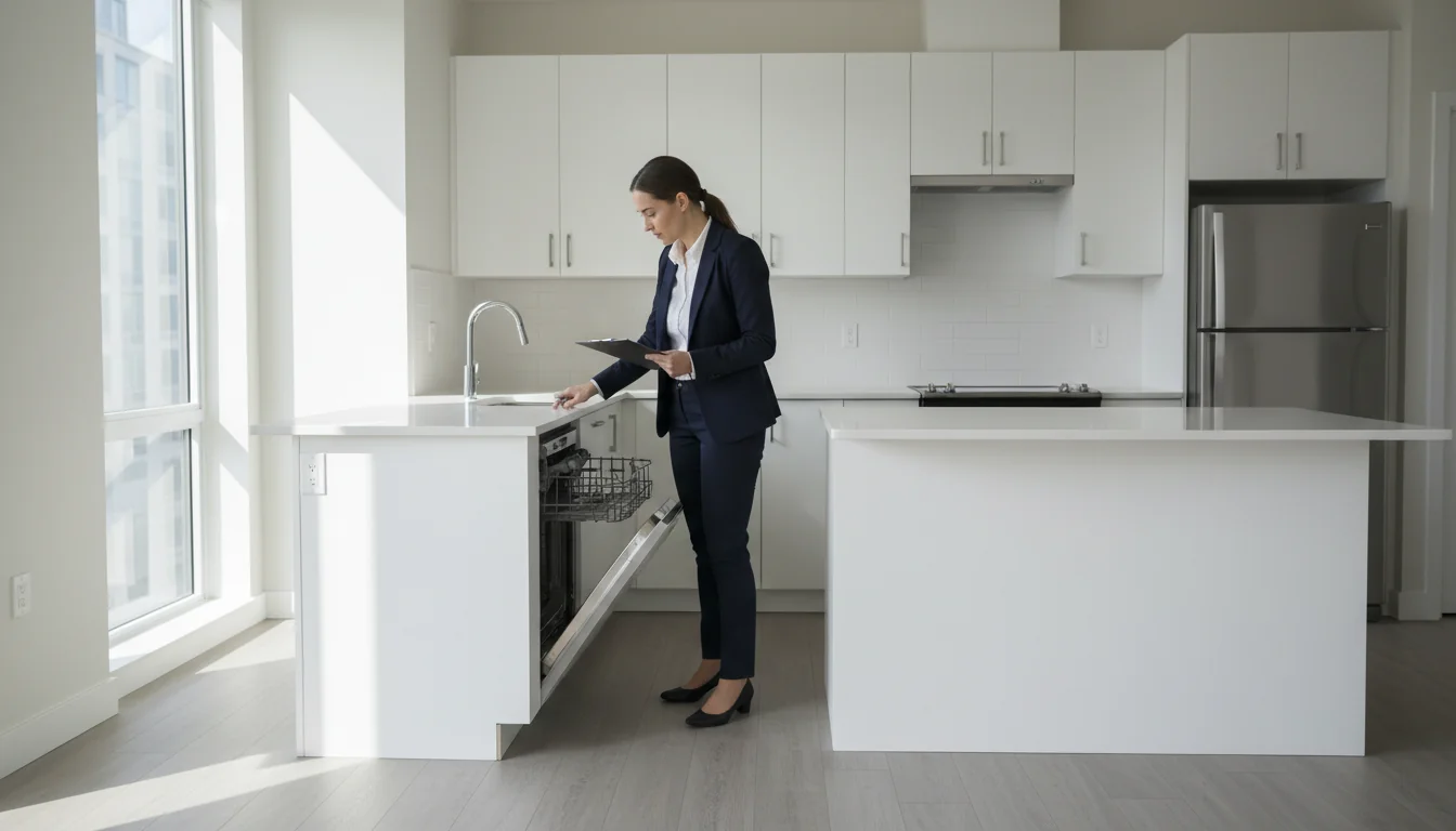 Person inspecting apartment kitchen.