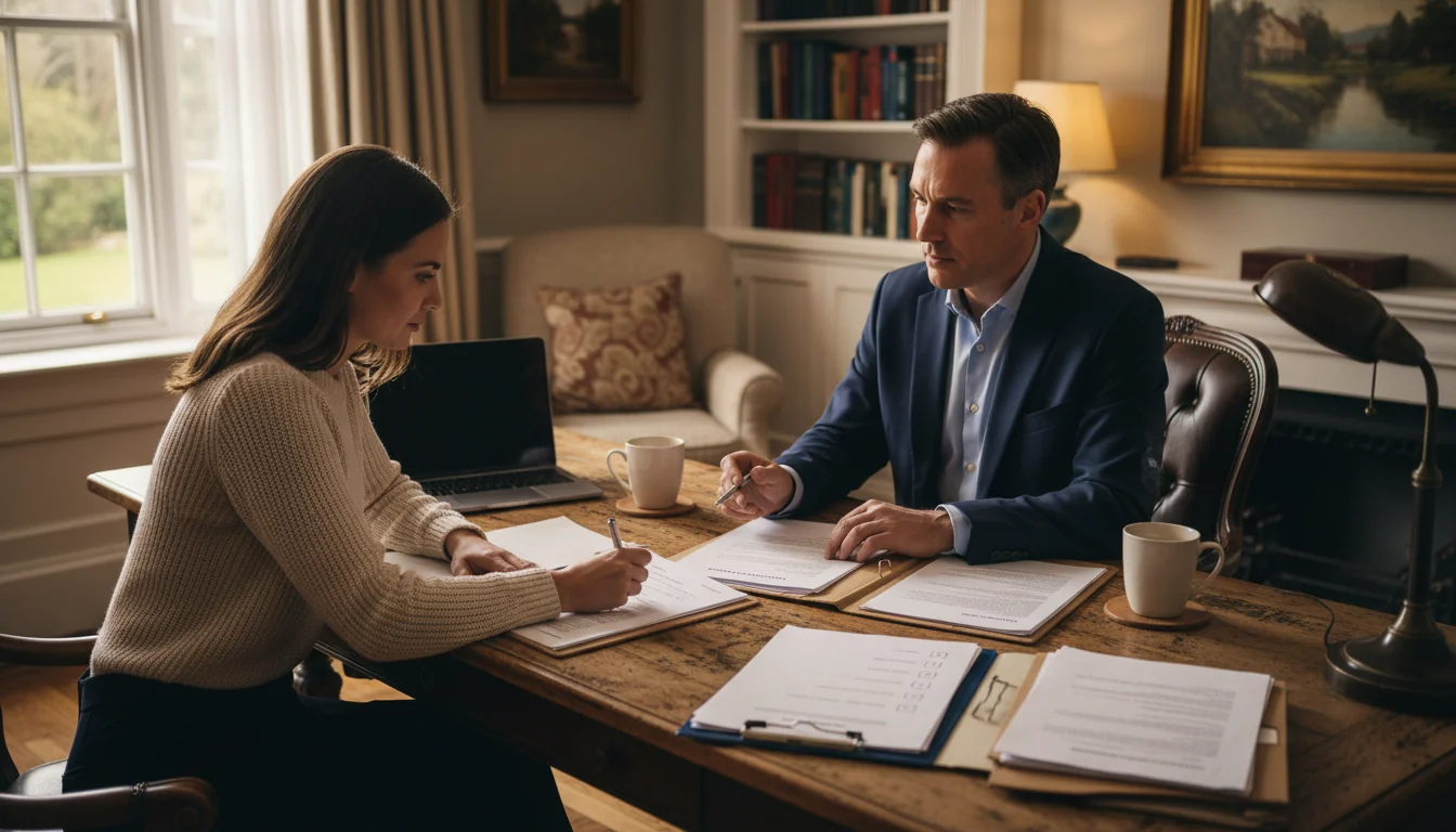 Signing rental agreement at table.