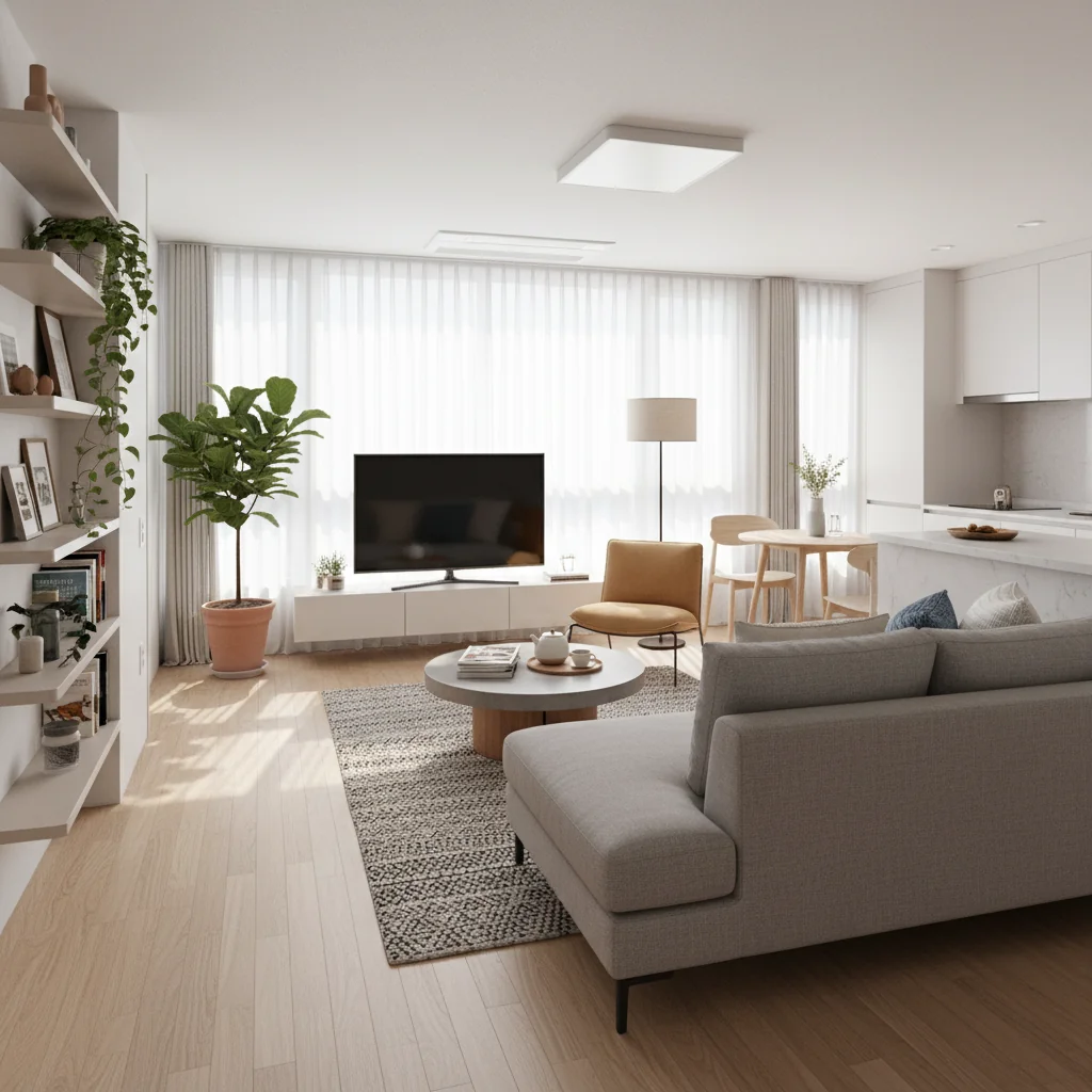 A photorealistic image of a modern rental apartment interior in South Korea, featuring a comfortable living room with natural light streaming through large windows, clean and well-maintained furnishings, and subtle elements suggesting a routine property inspection, such as a clipboard on a table or an open door to a balcony, evoking the essence of checking and ensuring quality in rental housing without focusing on any documents.
