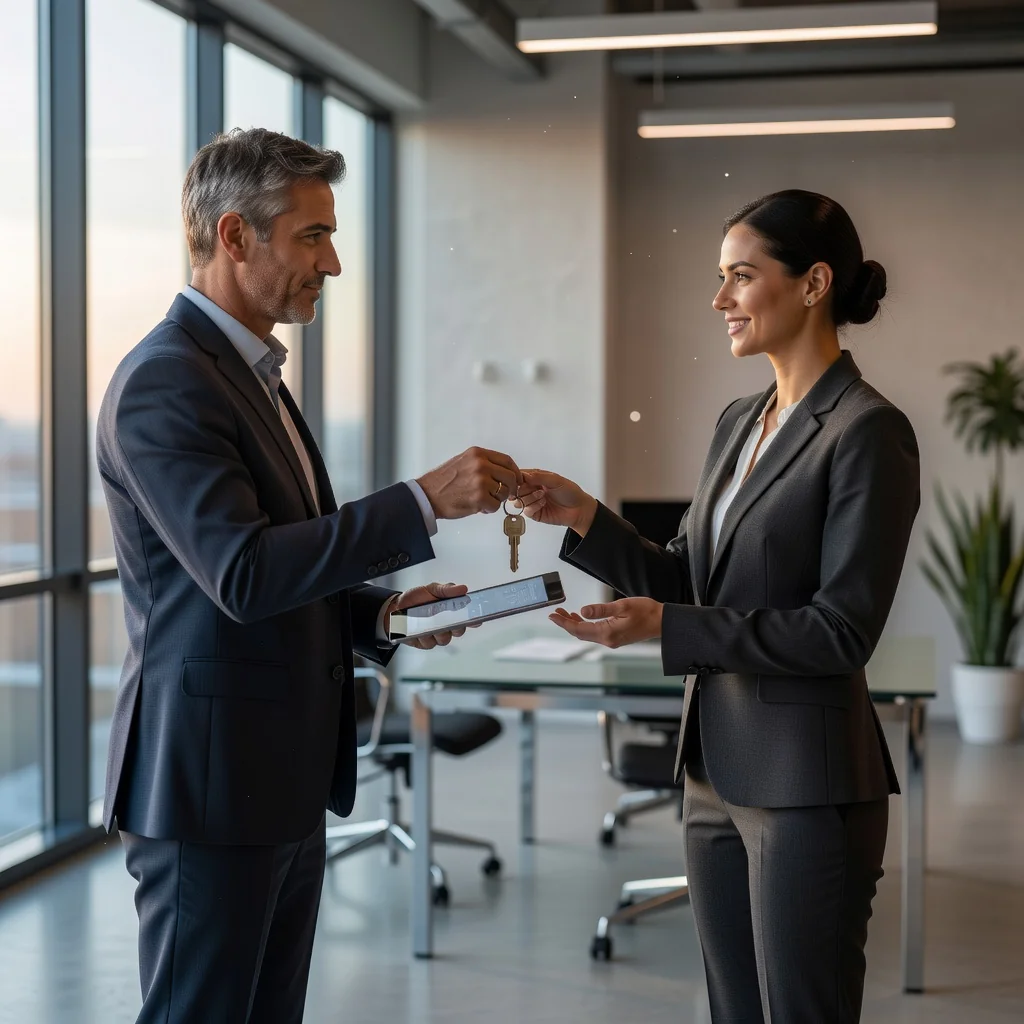 A professional handover scene in a modern office environment, showing two adults in business attire: one person passing a set of keys and a tablet to another, symbolizing the smooth transition of responsibilities, with a subtle background of office desks and collaboration, evoking trust and continuity in project or role handover.