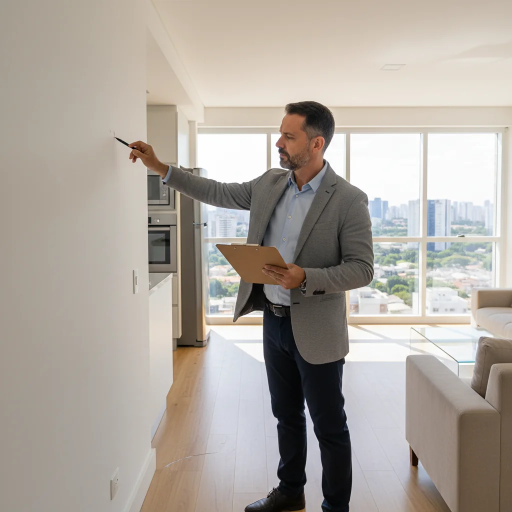 A photorealistic image of a professional real estate inspector conducting a thorough property inspection inside a modern Brazilian apartment, checking walls, floors, and fixtures with a clipboard and flashlight, symbolizing the importance of property condition assessment in rentals.