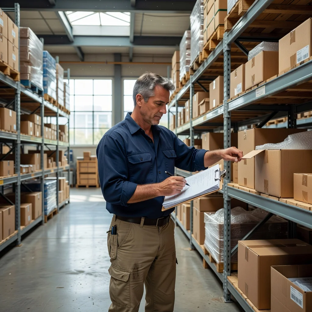 A professional scene depicting inventory management and property condition assessment, such as a business professional in a warehouse or office setting reviewing stock on shelves and checking a building's condition with a clipboard, symbolizing organization and preparation without showing any legal documents.