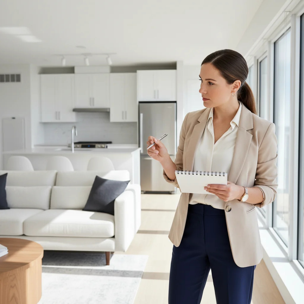 A photorealistic image of an adult professional woman conducting a thorough inspection of a modern apartment interior, checking walls, floors, and fixtures with a clipboard in hand, symbolizing the process of house rental verification without focusing on any documents.