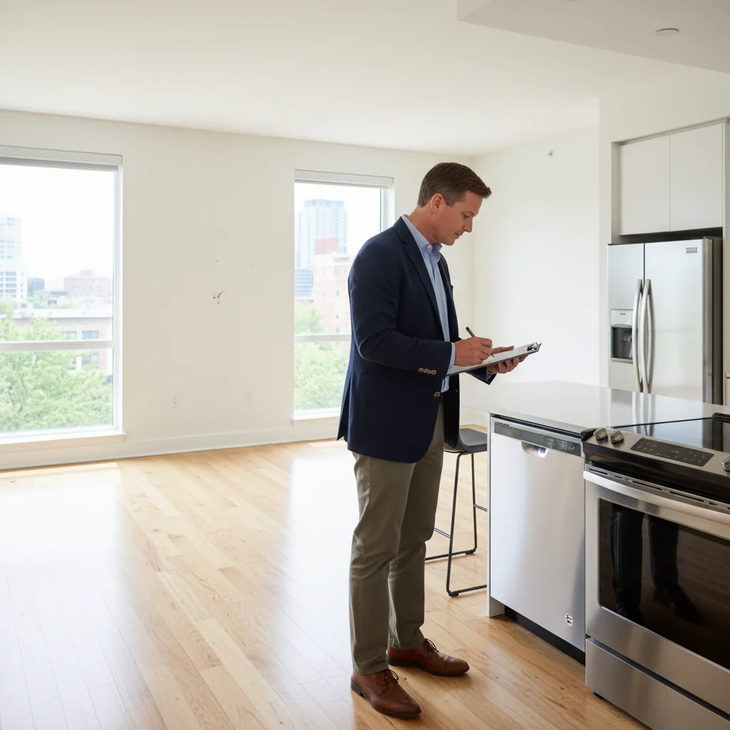 A photorealistic hero image for an article on completing a property inspection checklist for rental, depicting a professional adult inspector or landlord carefully examining a well-maintained rental apartment interior, checking walls, floors, and fixtures with a clipboard in hand, conveying thoroughness and preparation for tenancy handover, no children present.