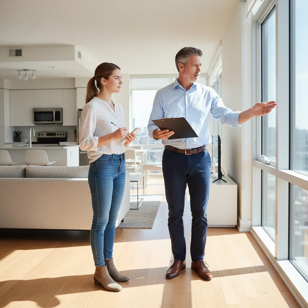 A photorealistic image of a professional adult landlord and tenant conducting a thorough property inspection in a modern apartment. The landlord, a middle-aged man in business casual attire, is pointing out features on a clipboard checklist to the tenant, a young adult woman in everyday clothes, who is attentively observing. They are in a well-lit living room with visible details like checking walls, floors, and appliances, symbolizing careful preparation to avoid legal issues in rental agreements. No children are present. The scene conveys trust, diligence, and professionalism.