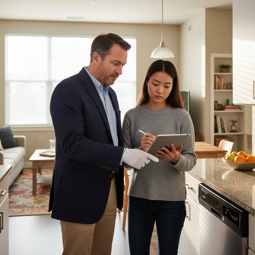 A photorealistic image of a professional adult landlord and tenant conducting a detailed property inspection in a modern apartment. The landlord, a middle-aged man, is pointing to a wall while holding a clipboard, and the tenant, a young adult woman, is taking notes on her tablet. They are examining the condition of the room, with natural light coming through the window, emphasizing a collaborative and thorough process. No children are present in the scene.
