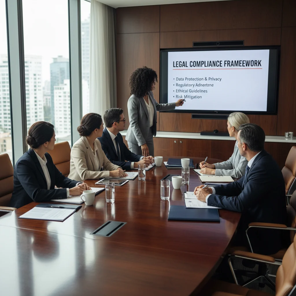 A photorealistic hero image depicting a professional business meeting in a modern office, where adults are discussing legal requirements with serious expressions, symbolizing compliance and regulatory adherence, without focusing on any documents.
