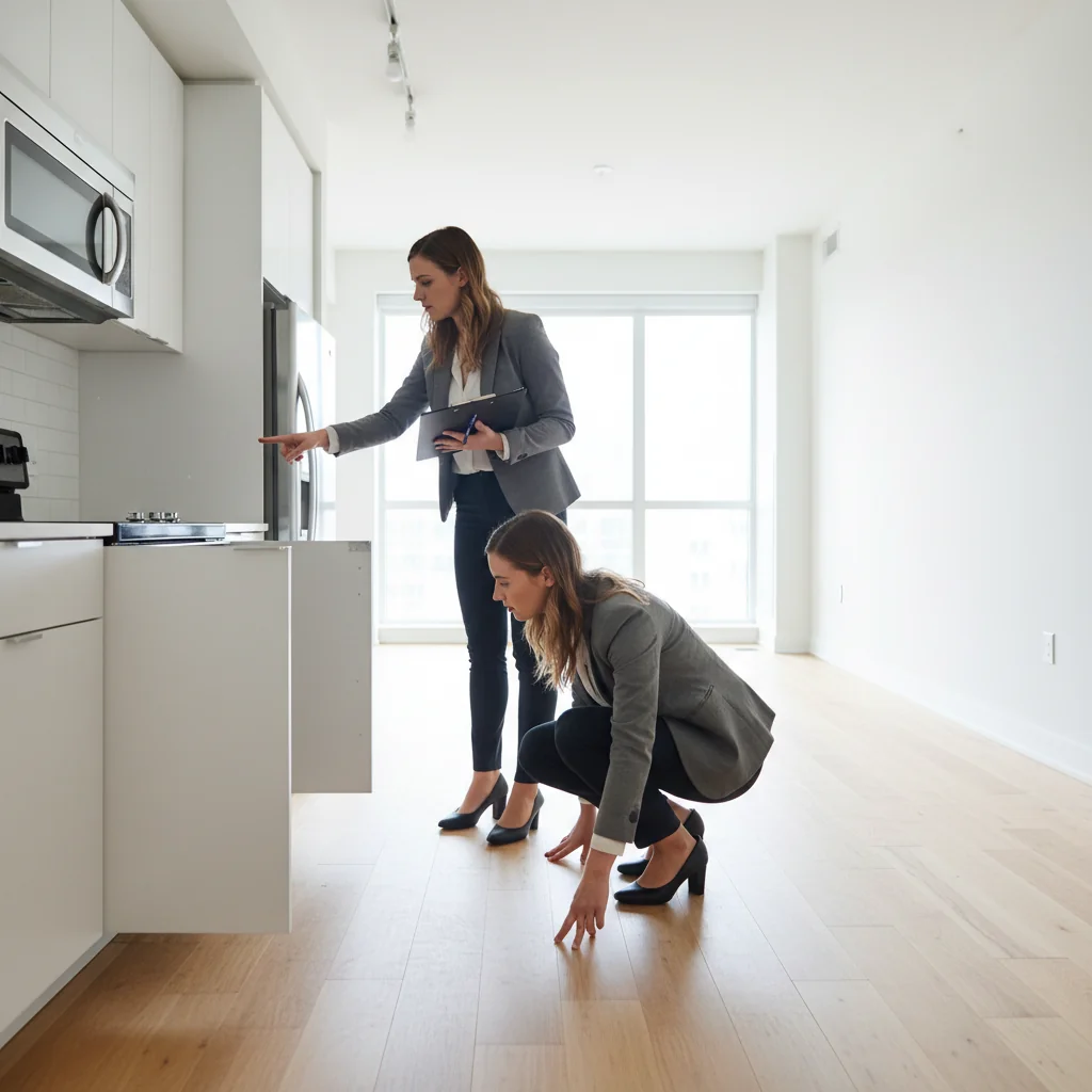 A photorealistic image of a young adult woman conducting a thorough inspection in a modern, empty apartment rental. She is checking the kitchen cabinets, walls for cracks, and floors, holding a clipboard with a checklist, looking focused and professional. The setting is a bright, contemporary living space with natural light, emphasizing the process of verifying the condition of the rental property before signing the lease. No children are present in the image.