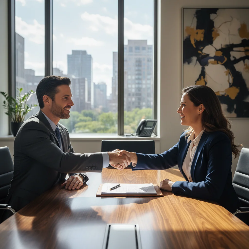 A photorealistic image representing the purpose of a legal document, such as a professional agreement or contract, showing an adult professional shaking hands with another adult in a modern office setting, symbolizing partnership and agreement, with no children present.