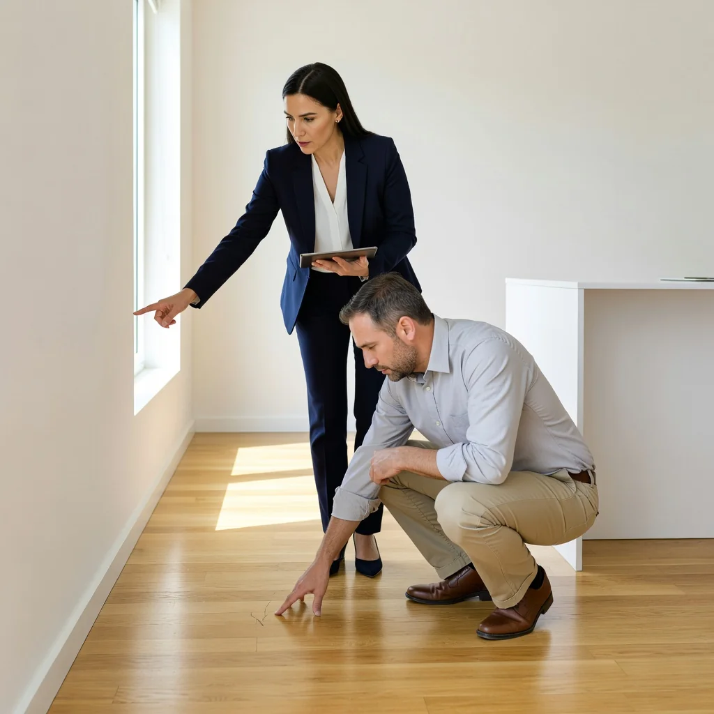 A photorealistic image of a professional adult real estate agent and tenant conducting a detailed walkthrough inspection of an empty apartment at move-in, checking walls, floors, and fixtures together, symbolizing a flawless entry inventory process.