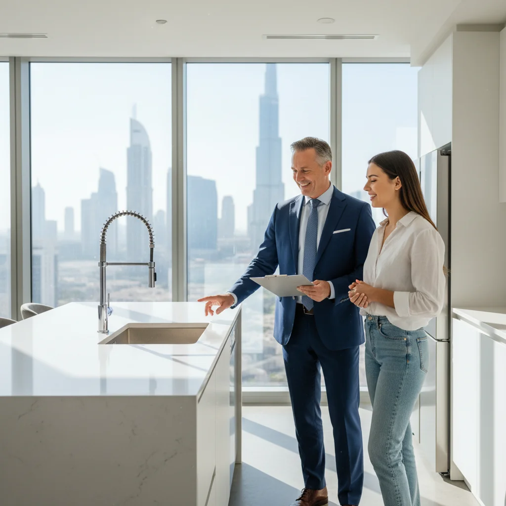 A photorealistic image of a professional adult real estate agent and a tenant conducting a thorough property inspection in a modern apartment in the UAE, with the agent using a clipboard to check items like walls, fixtures, and appliances, set against a backdrop of Dubai skyline visible through the window, emphasizing safety and agreement in rental process, no children present.