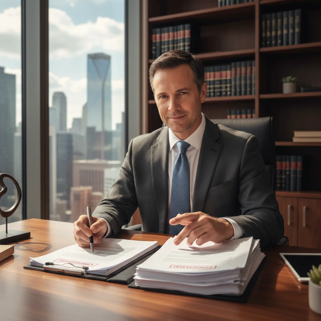 A photorealistic hero image representing the creation of a perfect legal document, focusing on a professional adult lawyer or business person in a modern office setting, reviewing and signing important papers on a desk with a city skyline in the background, symbolizing agreement and professionalism, no children present.