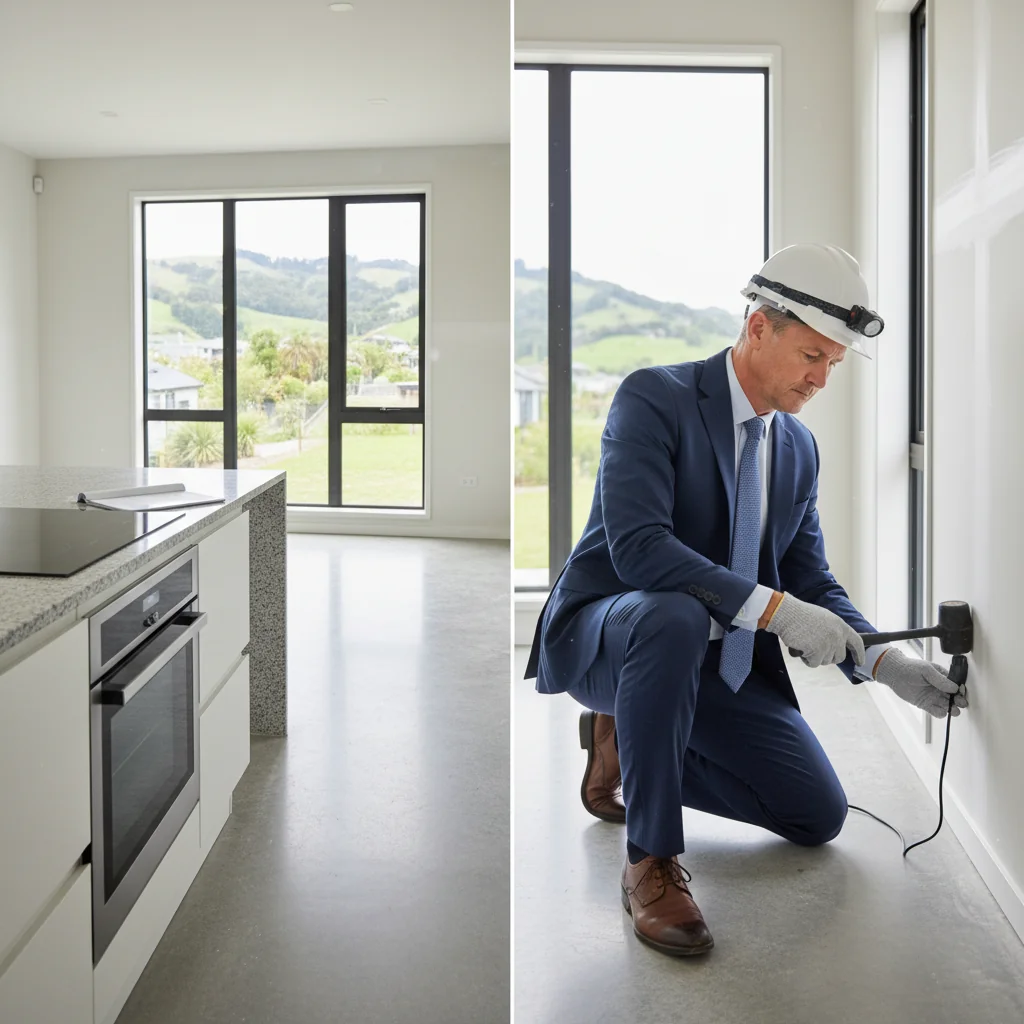 A photorealistic image of a professional adult real estate agent conducting a thorough property inspection inside a modern New Zealand home, examining walls and fixtures with a clipboard, symbolizing the importance of property condition reports for informed home buyers, no children present.