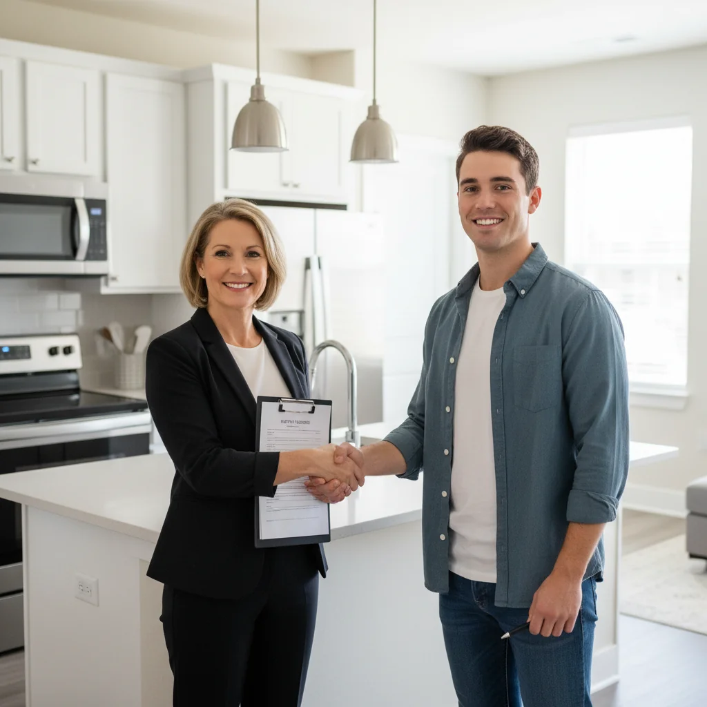A photorealistic image depicting a harmonious interaction between an adult landlord and an adult tenant in a modern rental apartment, symbolizing the prevention of disputes through proper inspection, with both parties smiling and reviewing a checklist together, no children present.