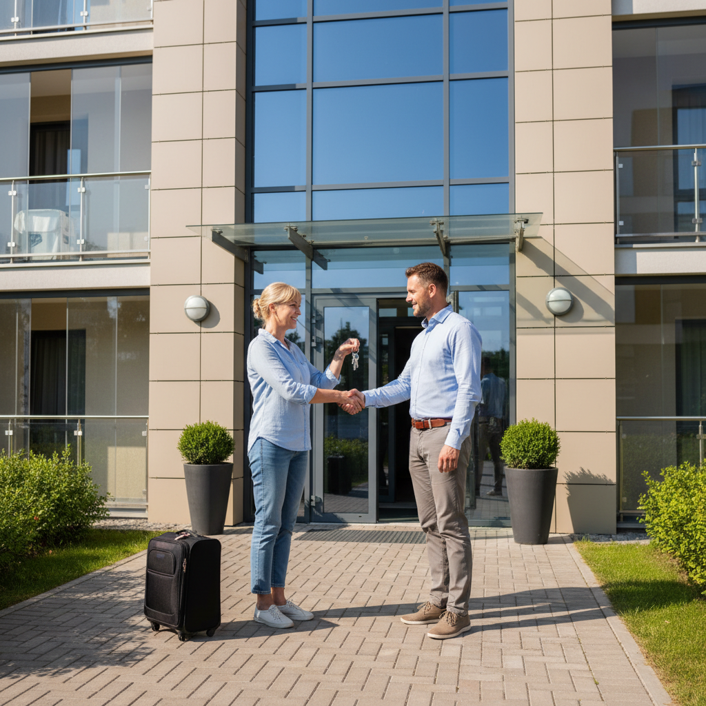 A photorealistic image of a relieved adult tenant handing over keys to a landlord in front of a clean, well-maintained apartment building, symbolizing a smooth move-out process without disputes, in a bright daytime setting.
