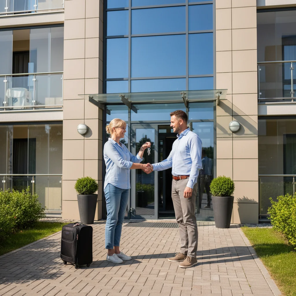 A photorealistic image of a relieved adult tenant handing over keys to a landlord in front of a clean, well-maintained apartment building, symbolizing a smooth move-out process without disputes, in a bright daytime setting.