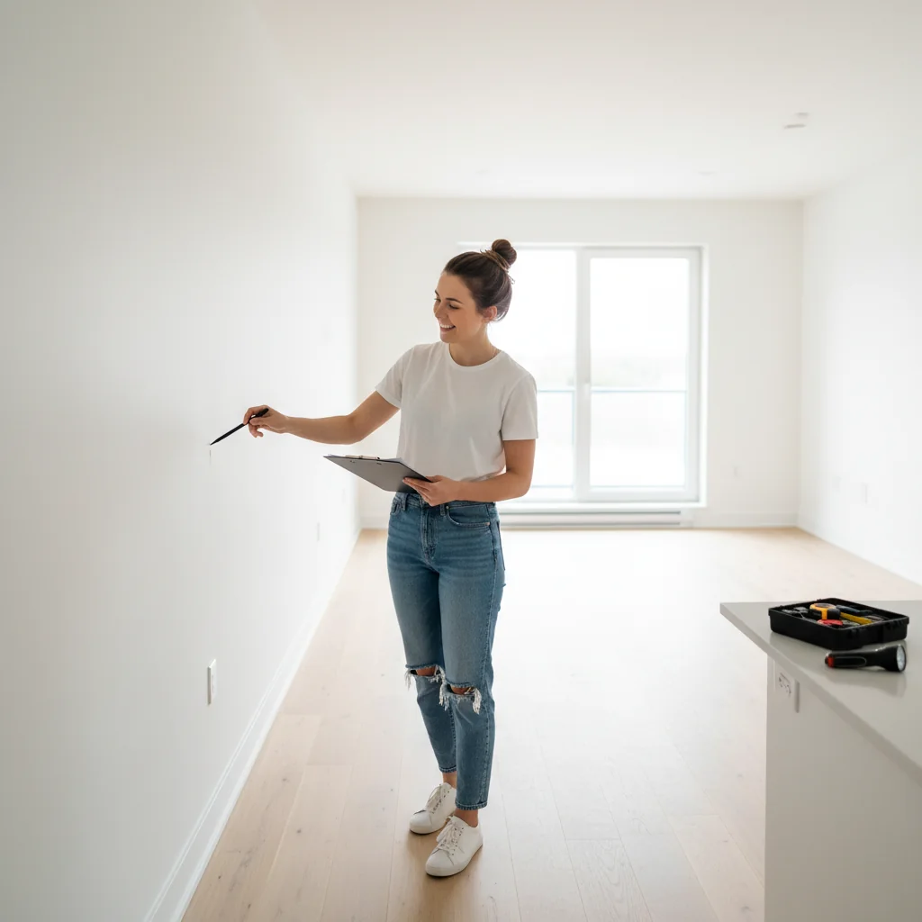 A photorealistic image of a young adult woman conducting a move-out inspection in a clean, empty apartment, smiling confidently as she checks the walls and floors with a clipboard in hand, emphasizing preparation and avoidance of disputes.
