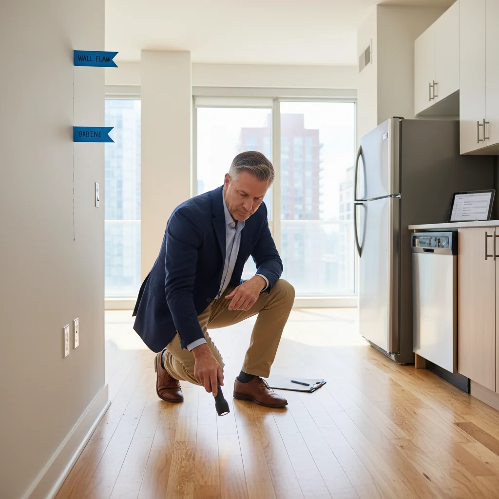 A photorealistic image of a professional real estate inspector conducting a property inspection on a rented apartment, capturing the purpose of creating a rental property inspection report. The scene shows the inspector examining walls, floors, and fixtures in a well-lit living room, with natural light coming through windows, emphasizing thoroughness and attention to detail in assessing the condition of the leased property. No children are present in the image.