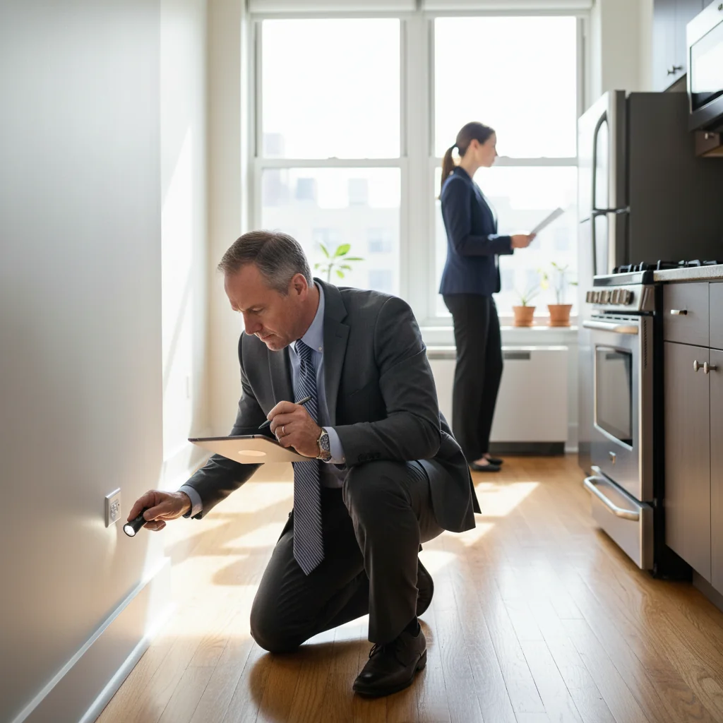 A photorealistic image of a professional real estate inspector conducting a detailed property inspection in a modern rented apartment, examining walls, floors, and fixtures with a clipboard in hand, symbolizing the rights and obligations in a rental property inspection report, no children present, highly detailed and realistic photography style.