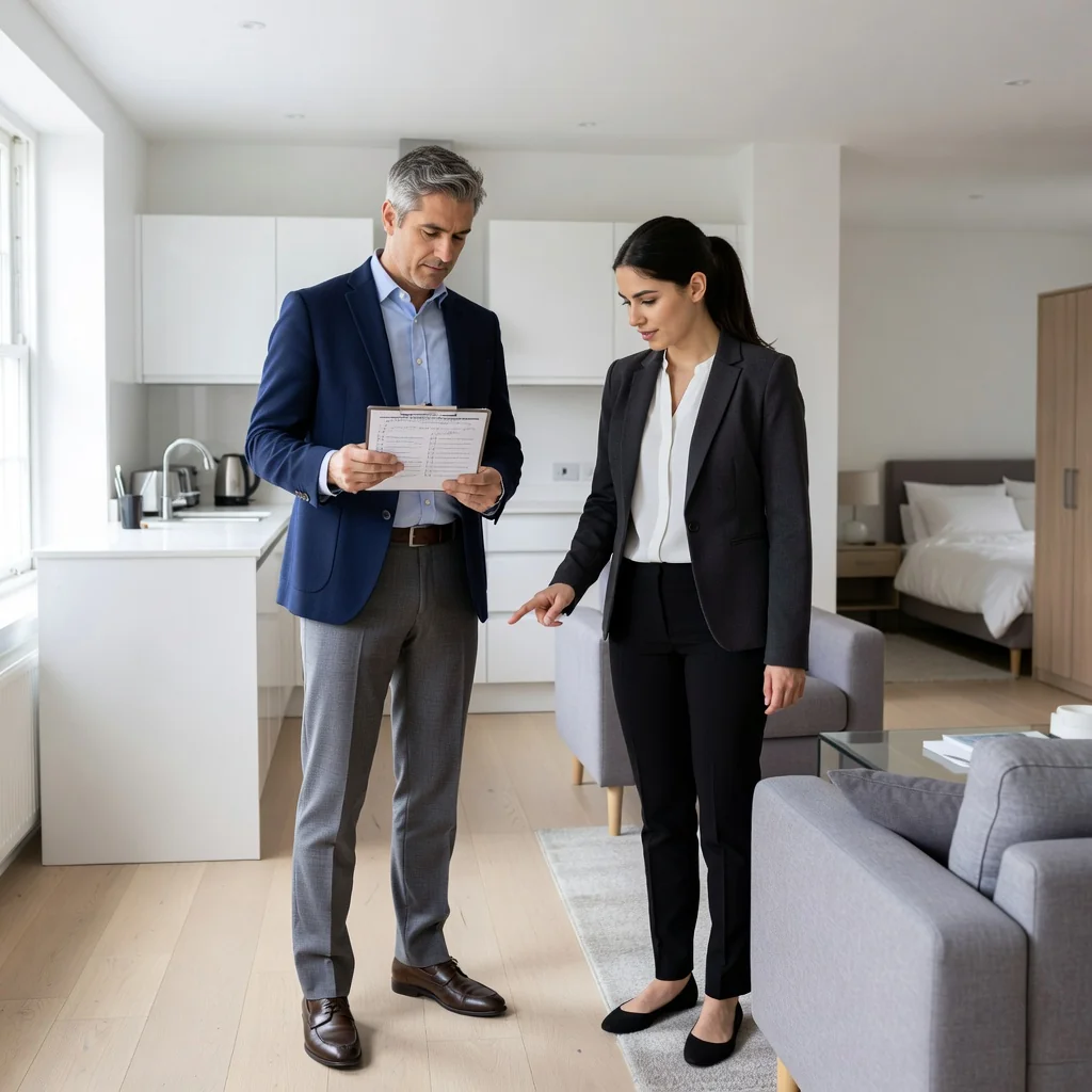 A photorealistic image of a professional landlord and tenant conducting a thorough walkthrough inspection of a modern UK rental apartment, examining the condition of rooms, furniture, and fixtures, with subtle nods to inventory lists like checklists in hand, evoking trust and organization in the rental process. No children present.