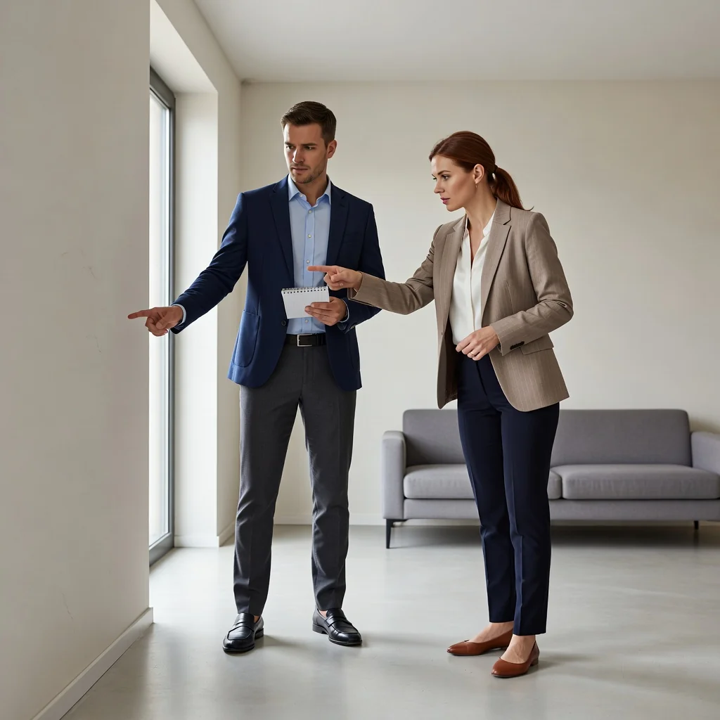 A photorealistic image of a professional landlord and tenant conducting a detailed walkthrough inspection of a modern apartment interior, examining walls, floors, and fixtures together, symbolizing the legal state of premises assessment process for property owners.