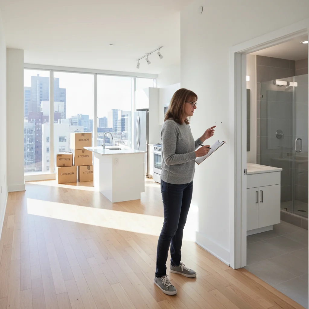 A photorealistic image of an adult tenant conducting a move-in inspection in a bright, modern US apartment, carefully examining walls, floors, and fixtures with a clipboard in hand, symbolizing the essential tips for thorough property assessment before moving in.