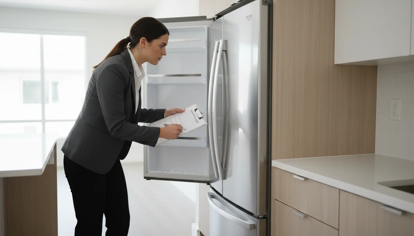 Checking kitchen appliances during inspection.
