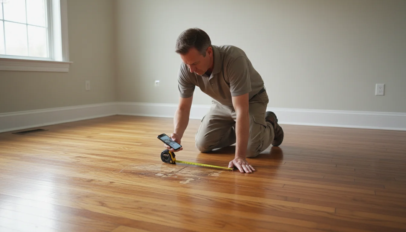 Documenting floor condition in bedroom.
