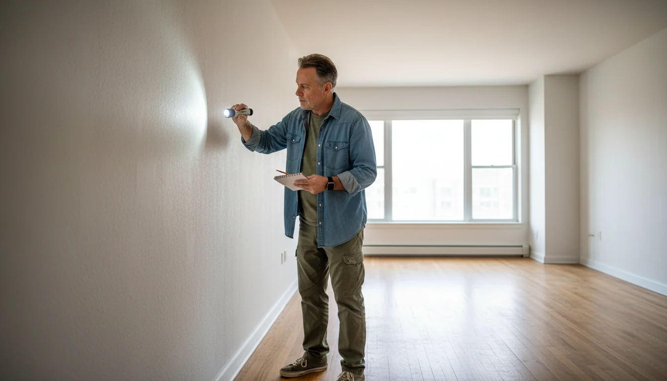 Person inspecting apartment walls.