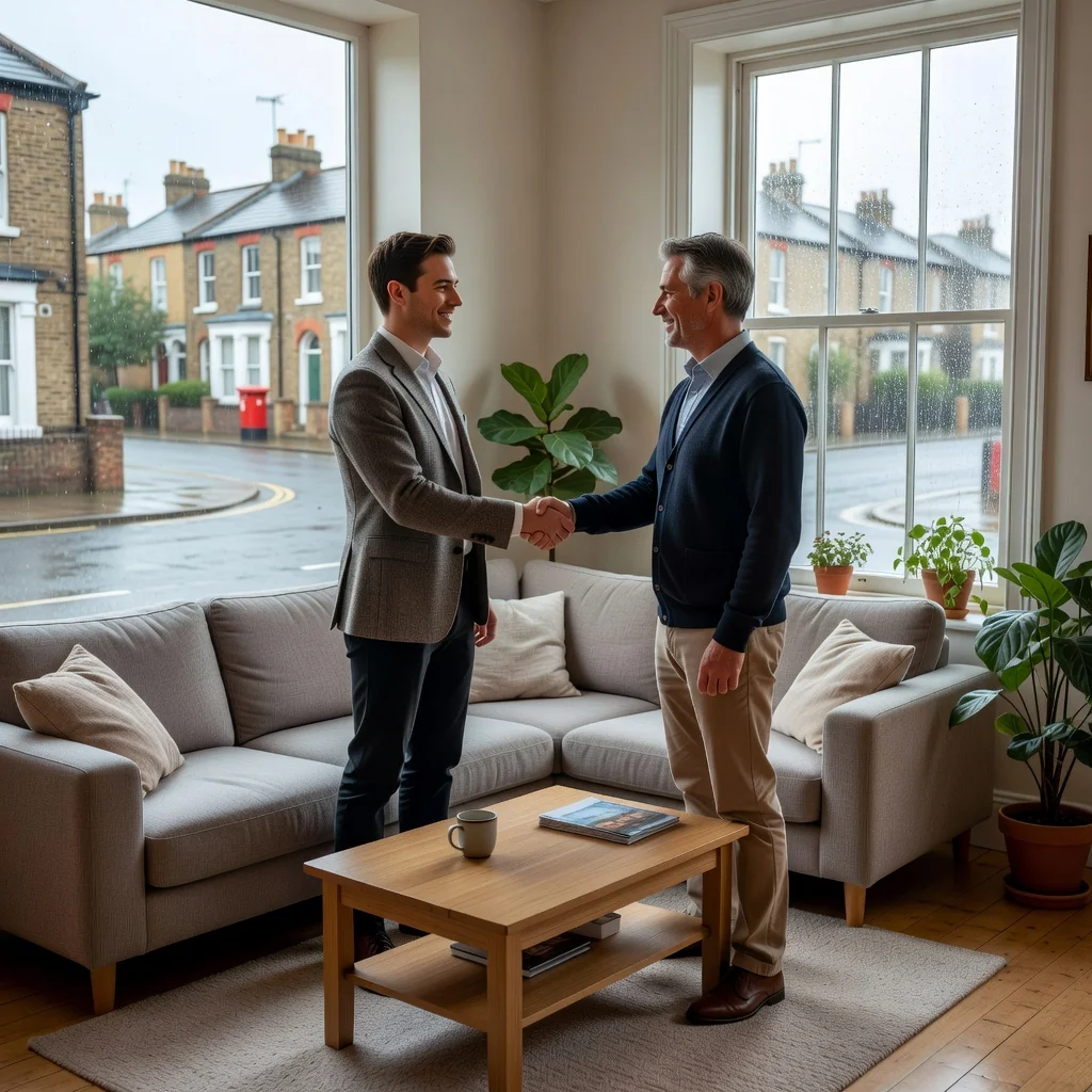 A photorealistic image depicting a peaceful handshake between a young adult tenant and a middle-aged landlord in a well-maintained UK rental flat, symbolizing agreement and avoiding disputes in tenancy inventories. The flat features typical British decor like a window with curtains overlooking a suburban street, furniture such as a sofa and coffee table, emphasizing harmony in rental agreements. No children are present in the scene.